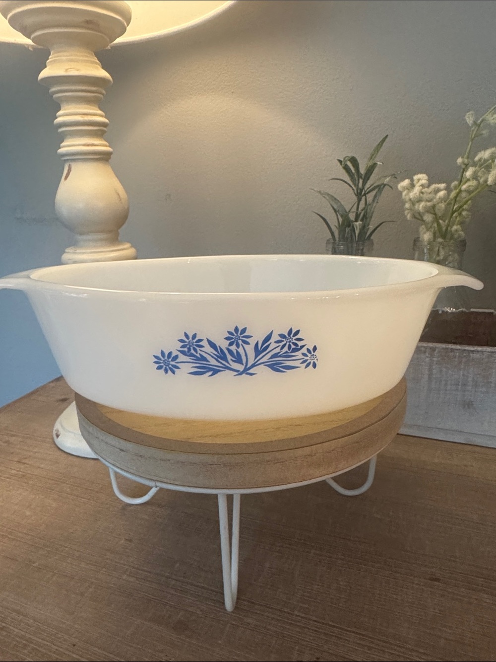 Vintage Anchor Hocking Fire King Casserole Dish Blue Cornflower Milk Glass
